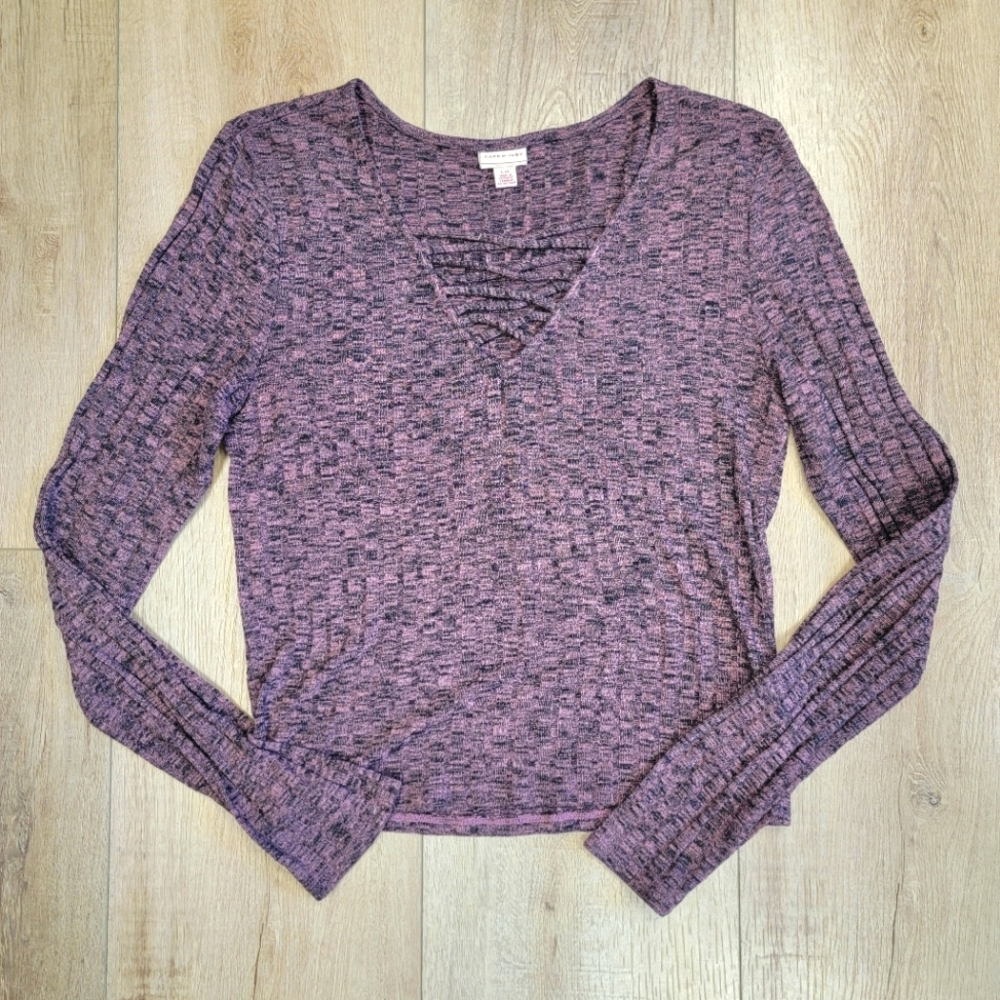 Cape Juby Size Large Heathered Purple Long Sleeve Ribbed Sweater Strappy Detail
